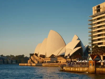 Sydney Opera House and waterfront at sunset, travel to Australia from Karachi, Pakistan