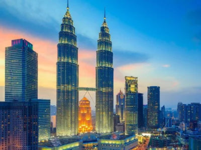 Petronas Twin Towers skyline at sunset in Kuala Lumpur, Malaysia, top travel destination.